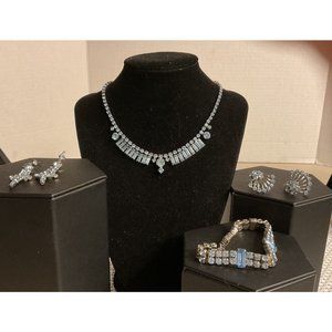 La Rel Vintage Jewelry Set Light Blue Rhinestones Necklace, Bracelet,Earrings X2